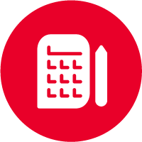 Icon of a calculator and pencil inside of a red circle